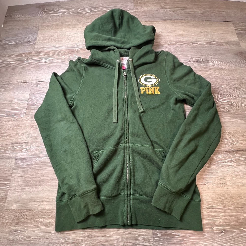 PINK Victoria's Secret Hoodie Women Medium Green NFL Packers Full Zip Rhinestone